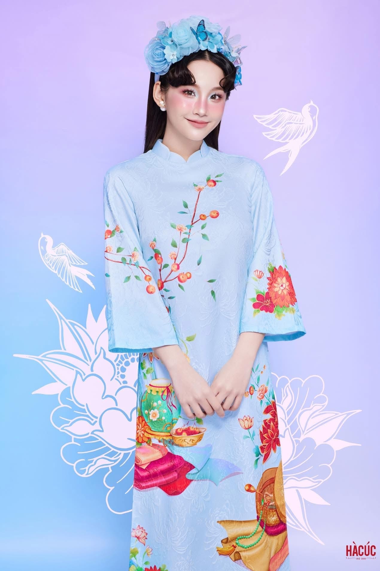 Gấm xốp cao cấp áo dài in hoa xanh ngọc