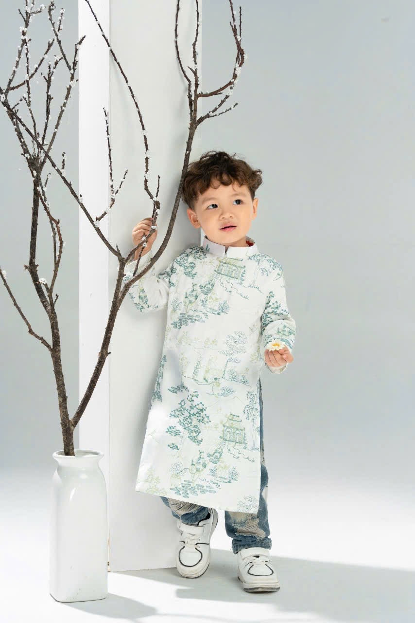 White Embroidery Dad and Boy Ao dai NO PANTS| Ao Dai Kids| Pre-made Traditional Vietnamese Ao Dai | Lunar New Year | Ao Dai for Boy |ADN20