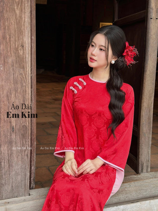 Gấm Ao Dai Red Modern with Pants U14