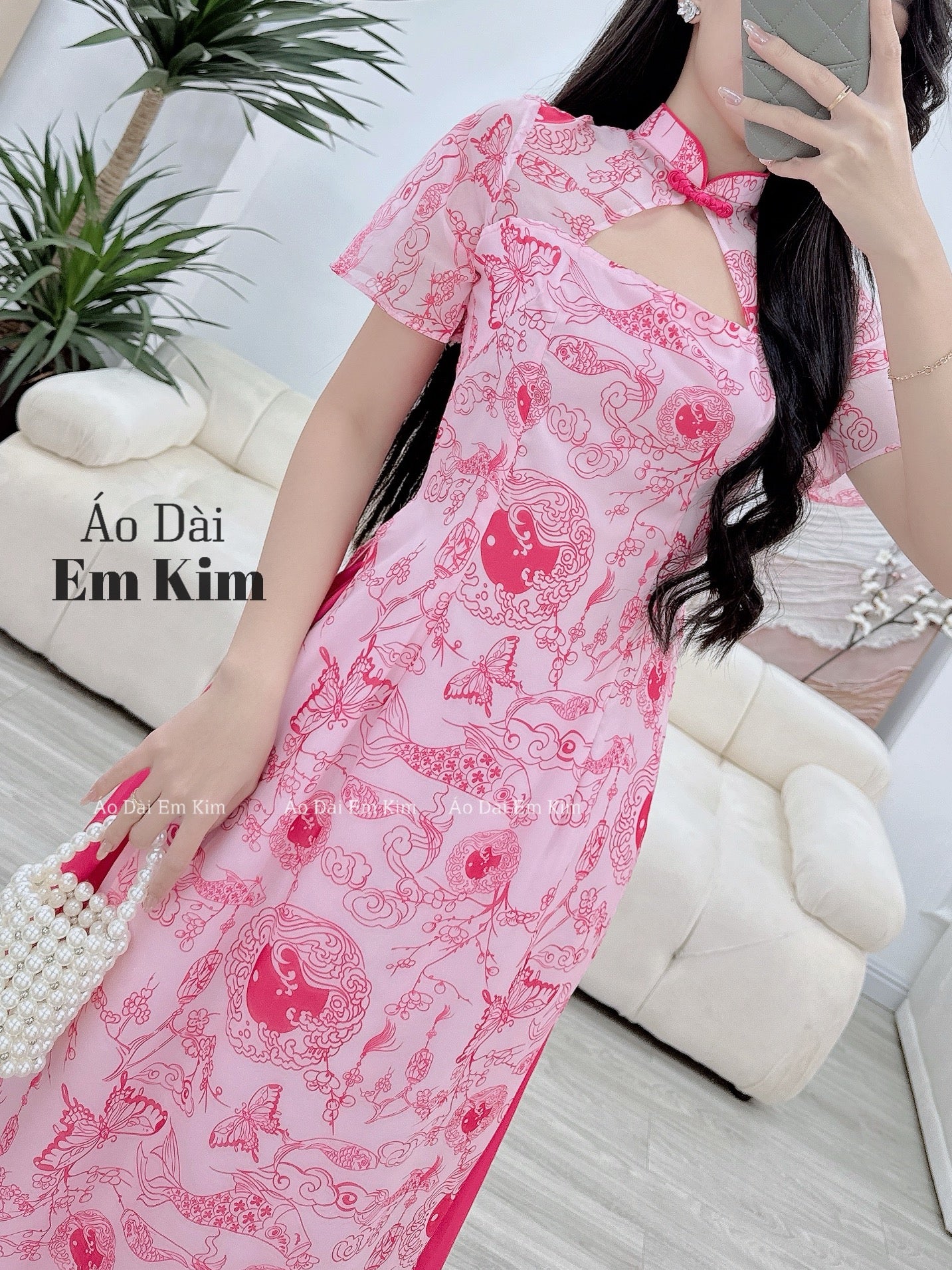 Lep Yem Ao Dai Cach Tan|Red flowers New Year| Pre-made Vietnamese Dress for Lunar New Year Ao Dai Viet Nam|Ao Dai Cach Tan with Pants T06