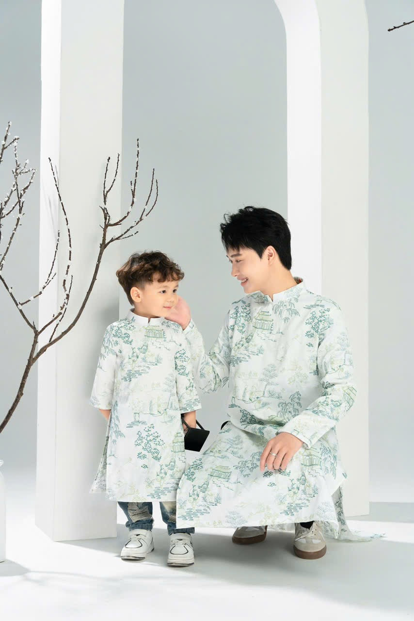 White Embroidery Dad and Boy Ao dai NO PANTS| Ao Dai Kids| Pre-made Traditional Vietnamese Ao Dai | Lunar New Year | Ao Dai for Boy |ADN20
