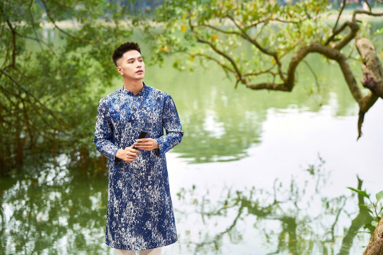 Blue Ao Dai Men|PRINTED embroidery ao dai for men tapta(No pants included) Lunar New Year | Vietnamese traditional ADN23