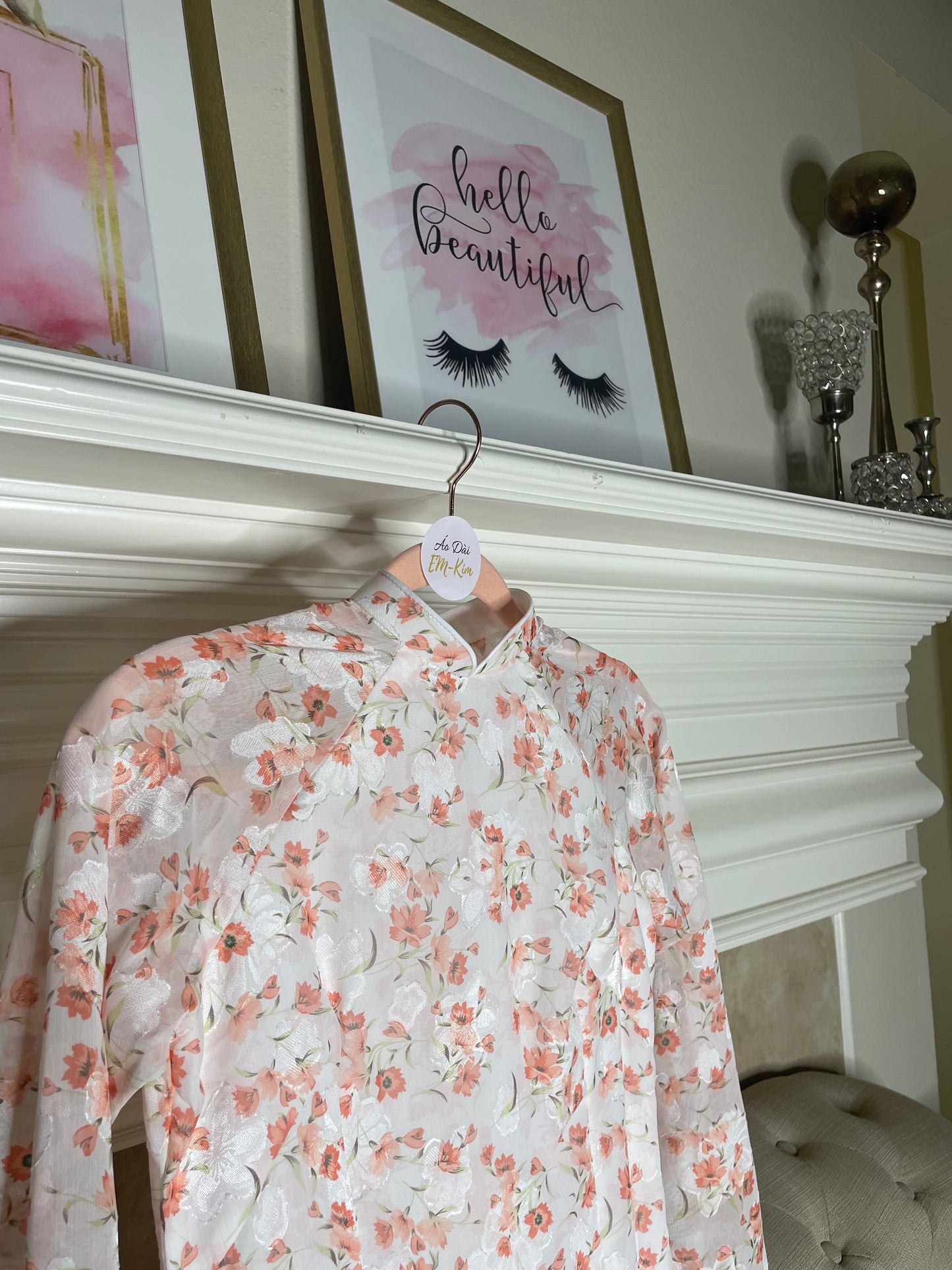 Orange Mini Flowers Ao Dai , Pre-made Traditional Vietnamese Ao Dai, Lunar New Year, Women Ao Dai, Modern, Ao Dai Truyen Thong, NO PANTS|D28