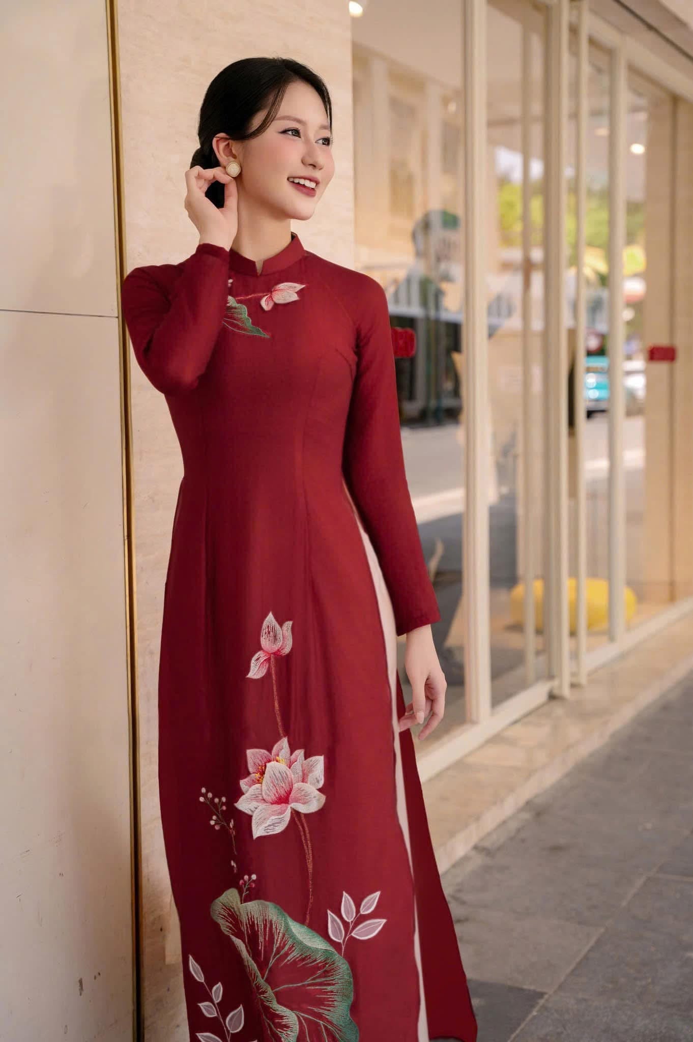 Red embroidery Modern Ao Dai | Pre-made Vietnamese Dress for Lunar New Year Ao Dai Viet Nam|Ao Dai Cach Tan with Pants S04