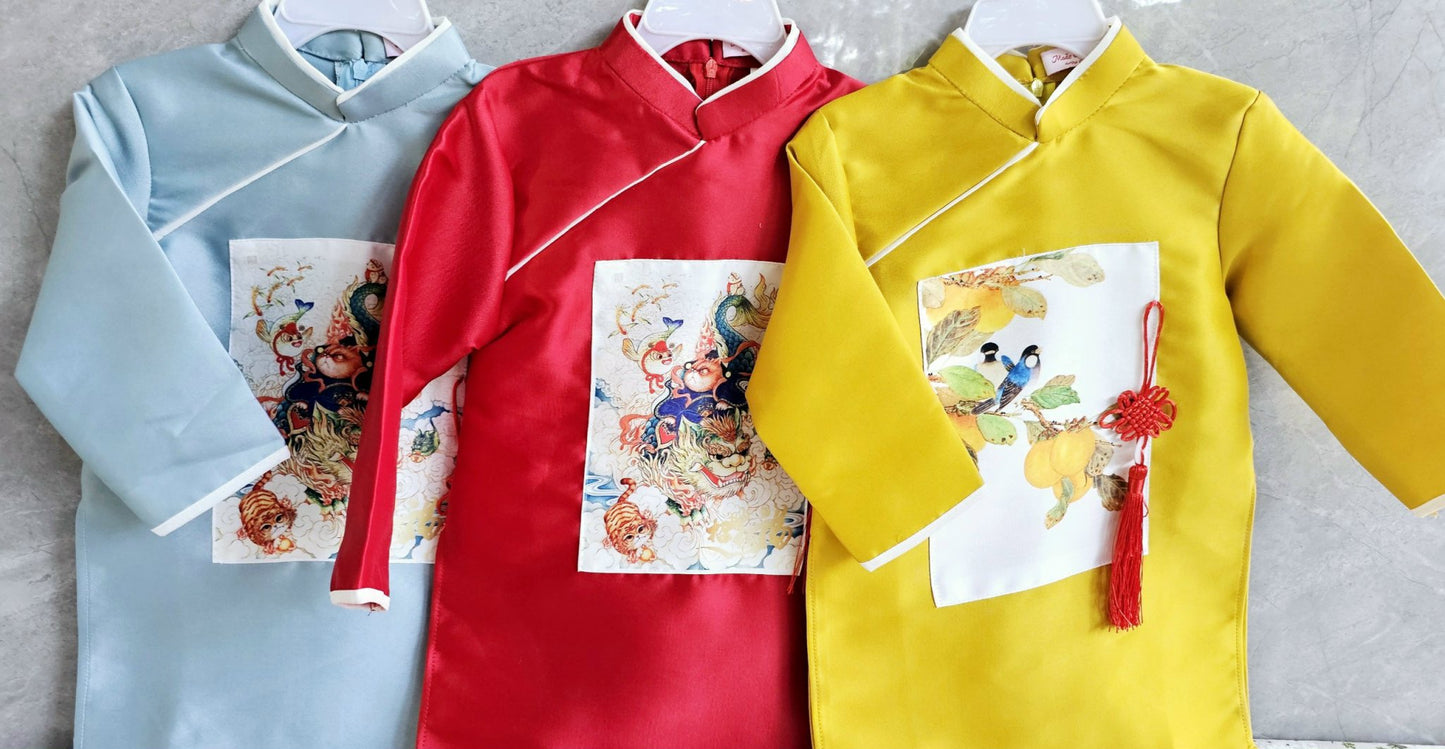 Red Dad and Boy Dragon Top no pants| Ao Dai Kids| Pre-made Traditional Vietnamese Ao Dai | Lunar New Year | Ao Dai for Boy |G41