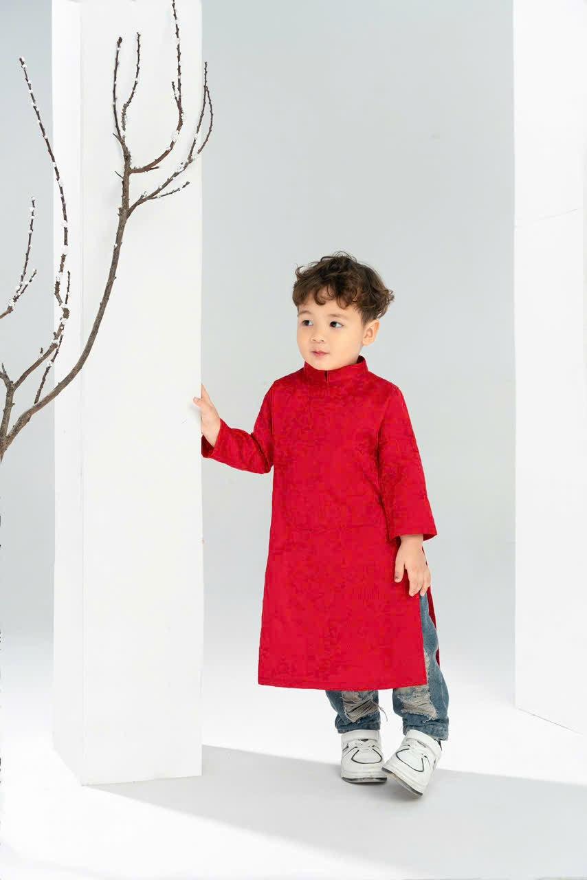Red Embroidery Dad and Boy Ao dai NO PANTS| Ao Dai Kids| Pre-made Traditional Vietnamese Ao Dai | Lunar New Year | Ao Dai for Boy |ADN17