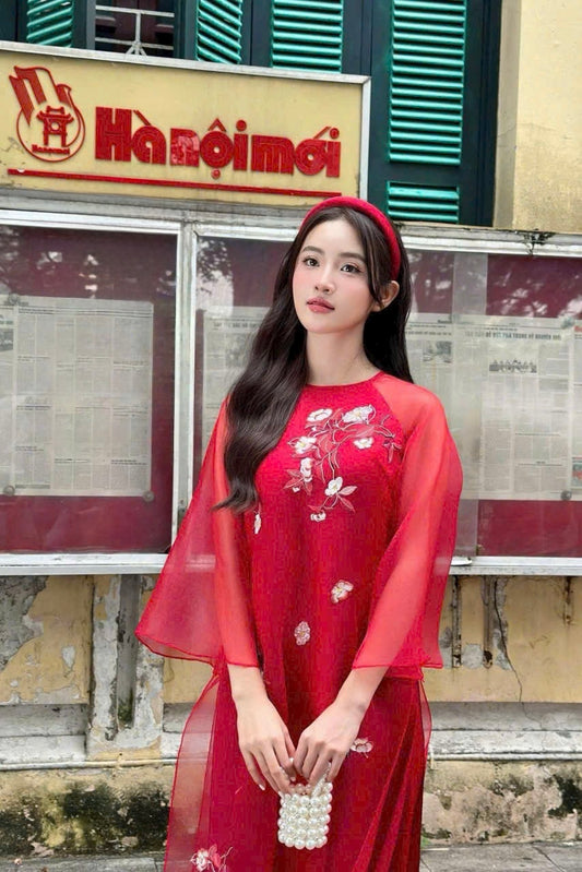 Red Ao Dai tơ đinh hoa|Red flowers New Year|Pants included S08