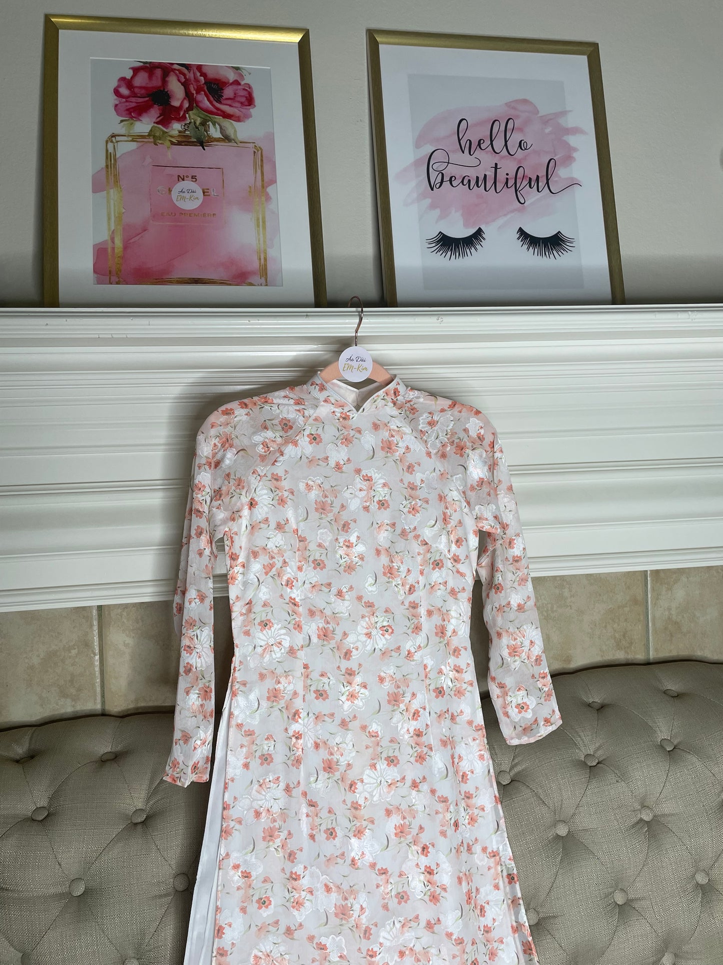 Orange Mini Flowers Ao Dai , Pre-made Traditional Vietnamese Ao Dai, Lunar New Year, Women Ao Dai, Modern, Ao Dai Truyen Thong, NO PANTS|D28