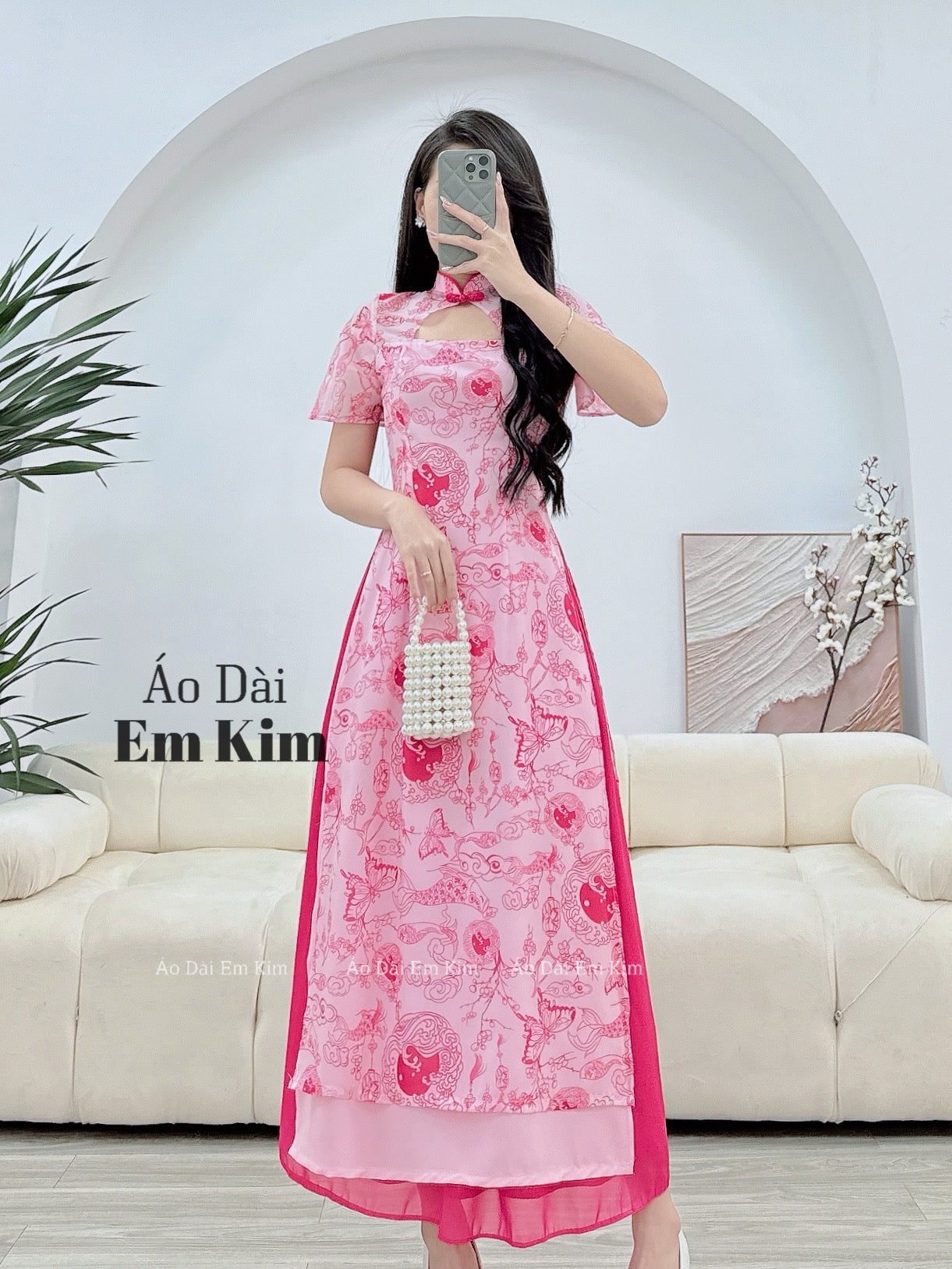Lep Yem Ao Dai Cach Tan|Red flowers New Year| Pre-made Vietnamese Dress for Lunar New Year Ao Dai Viet Nam|Ao Dai Cach Tan with Pants T06
