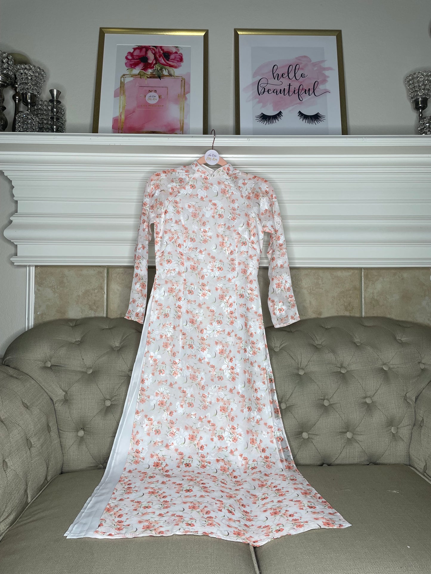 Orange Mini Flowers Ao Dai , Pre-made Traditional Vietnamese Ao Dai, Lunar New Year, Women Ao Dai, Modern, Ao Dai Truyen Thong, NO PANTS|D28