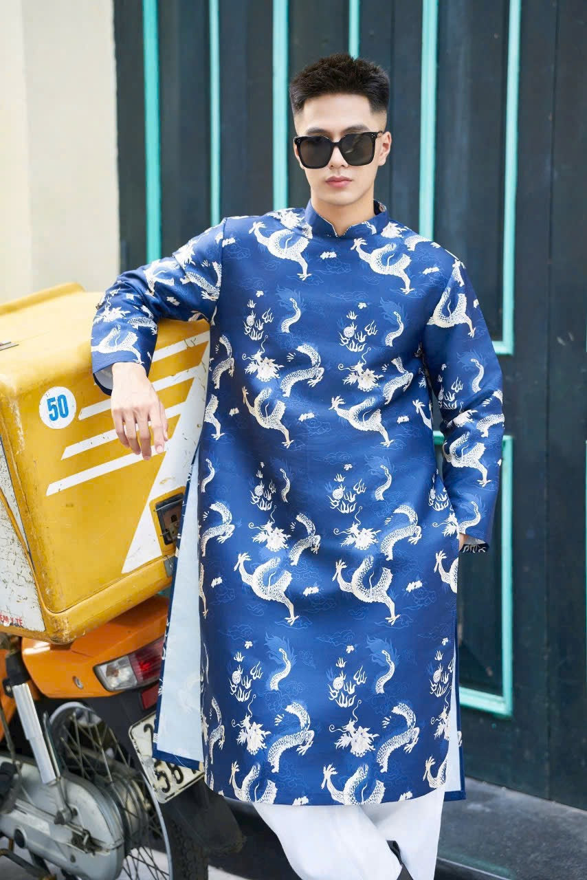Ao Dai Men|Blue Dragon embroidery ao dai for men tapta(No pants included) Lunar New Year | Vietnamese traditional ADN21