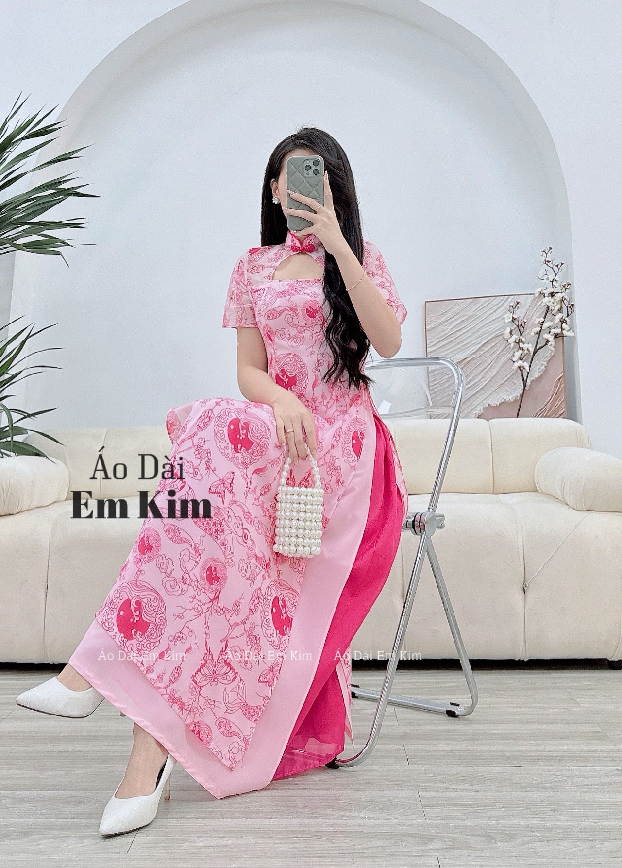 Lep Yem Ao Dai Cach Tan|Red flowers New Year| Pre-made Vietnamese Dress for Lunar New Year Ao Dai Viet Nam|Ao Dai Cach Tan with Pants T06
