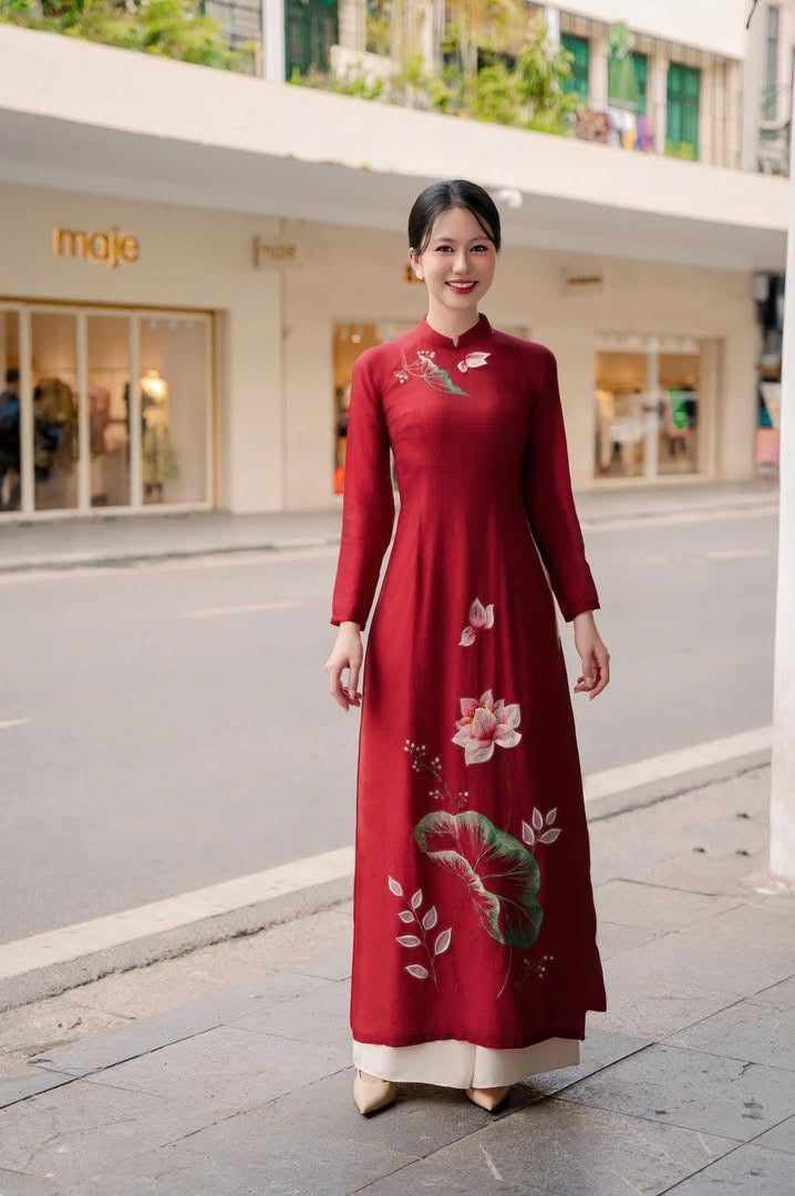 Red embroidery Modern Ao Dai | Pre-made Vietnamese Dress for Lunar New Year Ao Dai Viet Nam|Ao Dai Cach Tan with Pants S04
