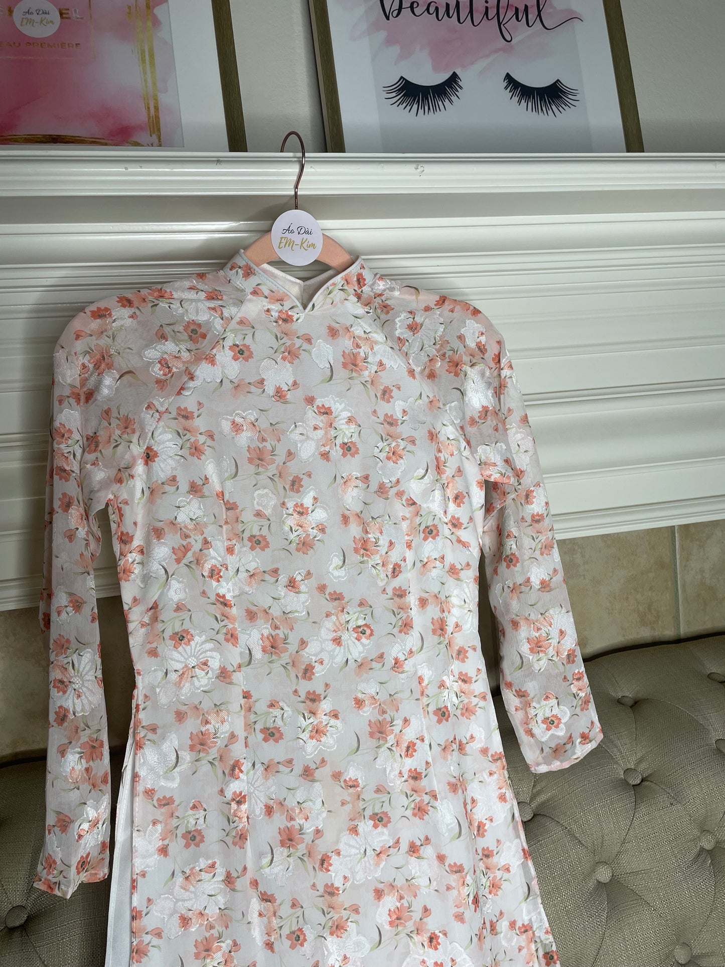Orange Mini Flowers Ao Dai , Pre-made Traditional Vietnamese Ao Dai, Lunar New Year, Women Ao Dai, Modern, Ao Dai Truyen Thong, NO PANTS|D28