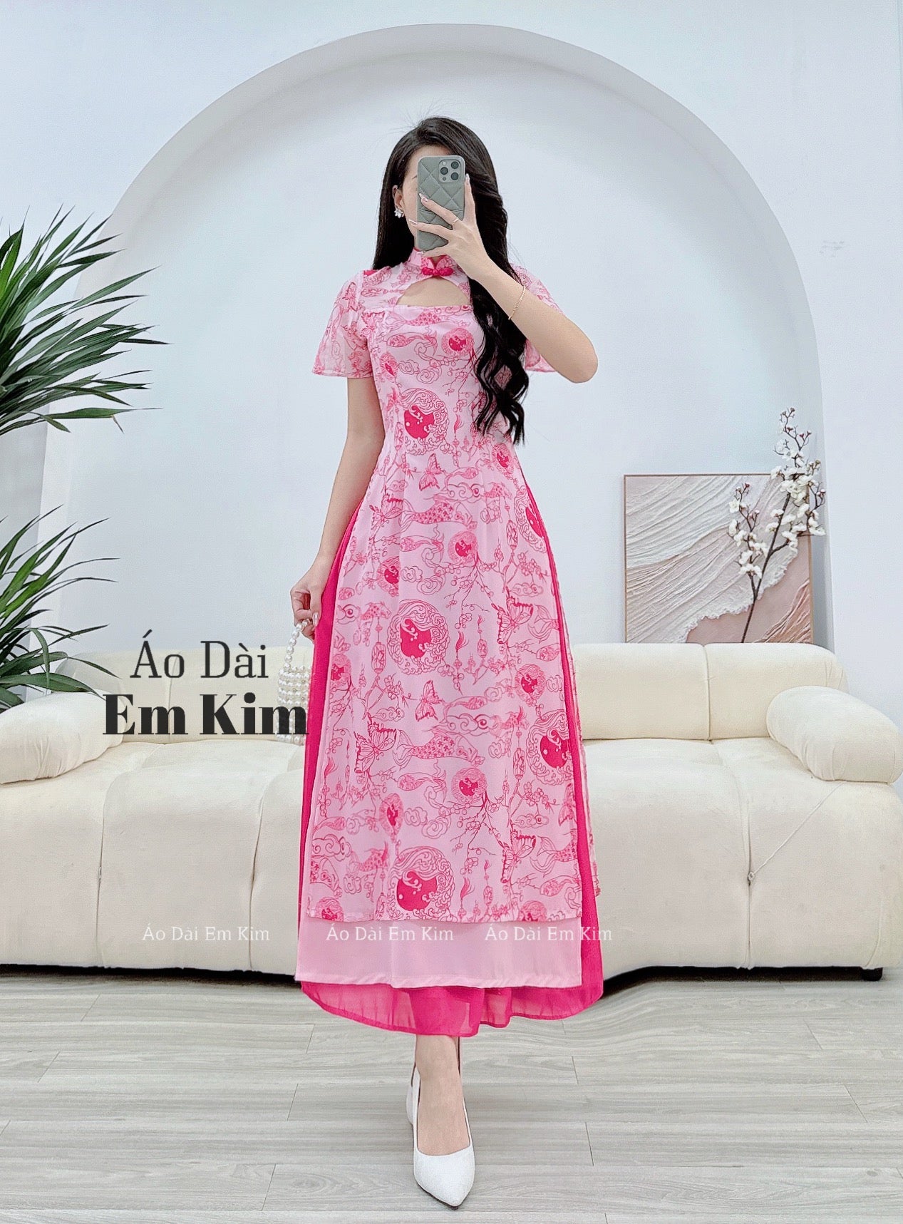Lep Yem Ao Dai Cach Tan|Red flowers New Year| Pre-made Vietnamese Dress for Lunar New Year Ao Dai Viet Nam|Ao Dai Cach Tan with Pants T06