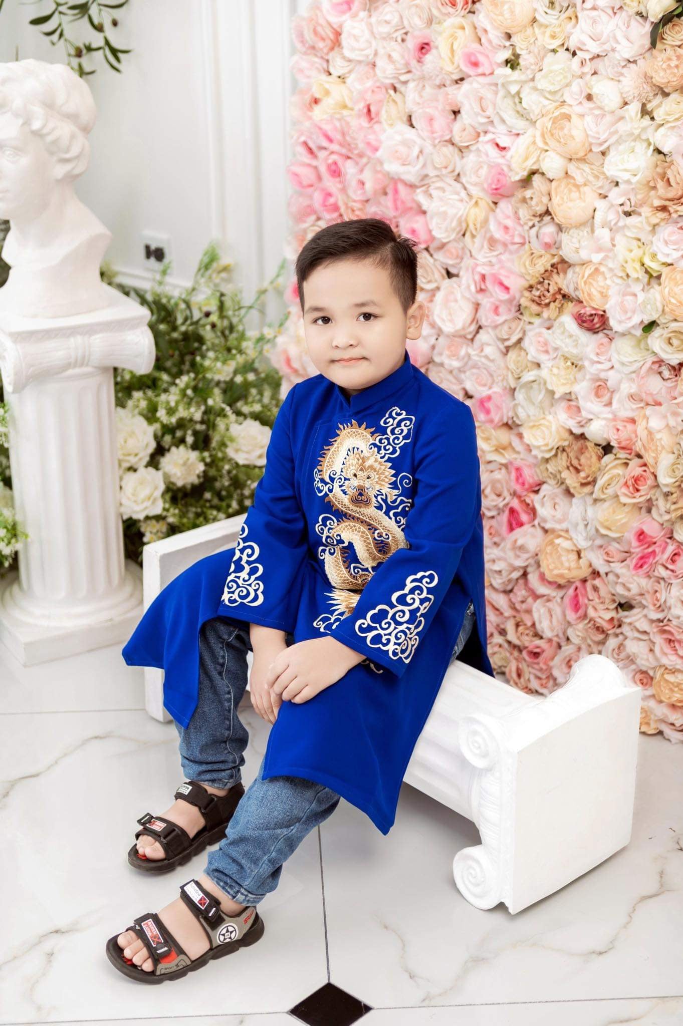 Blue dragon embroidery Ao Dai Boy ( No Pants)| Ao Dai Viet Nam | Blue boy vietnamese dress| Vietnamese traditional Dress| G22