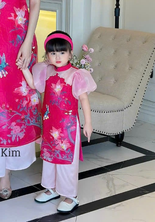 BG001. Red Mini flowers ao dai Girl K19