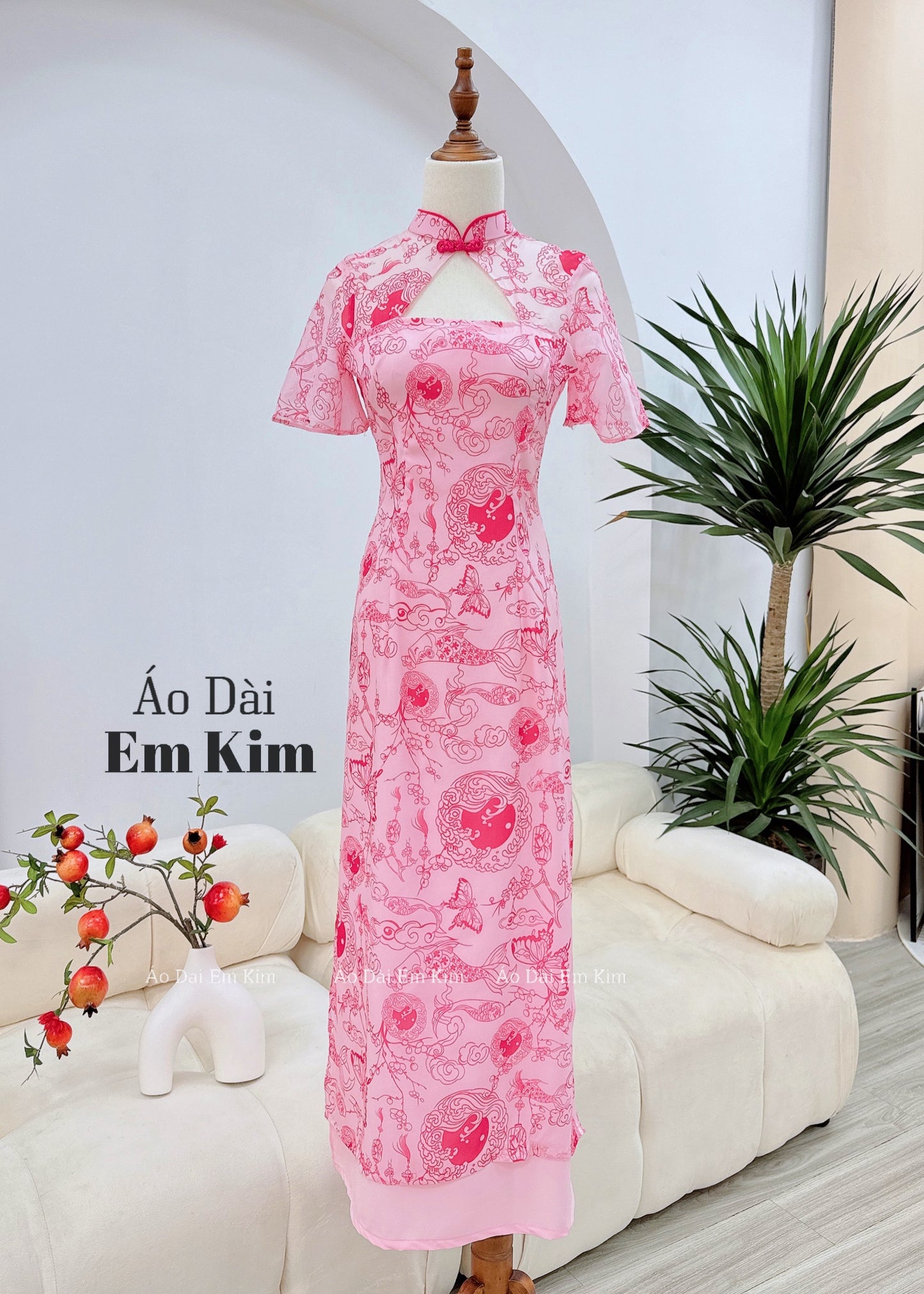 Lep Yem Ao Dai Cach Tan|Red flowers New Year| Pre-made Vietnamese Dress for Lunar New Year Ao Dai Viet Nam|Ao Dai Cach Tan with Pants T06