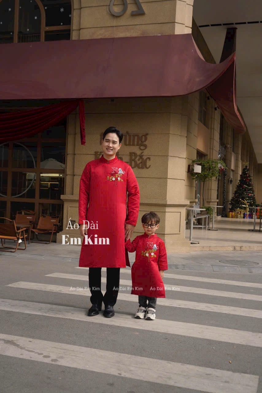 AO Dai dad and boy red Ribbon NO PANTS| Ao Dai Kids| Pre-made Traditional Vietnamese Ao Dai | Lunar New Year | Ao Dai for Boy |U1