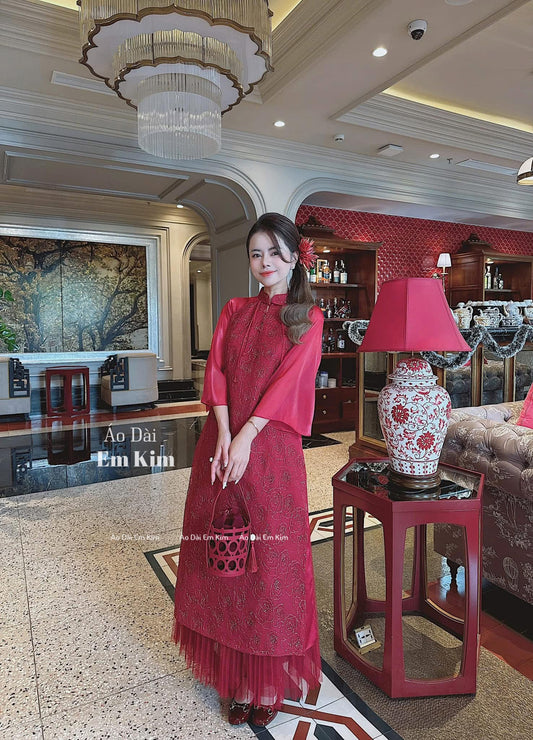Red pearl design Áo Dài Red Flowers pattern Embroidery with Pants U16