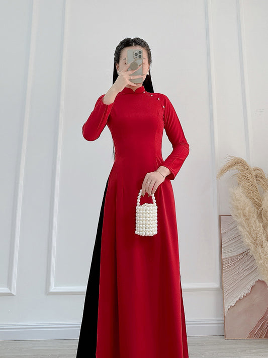 Ao dai Red truyền thống| Pre-made Vietnamese Dress for Lunar New Year Ao Dai Viet Nam|Ao Dai Cach Tan with Q12