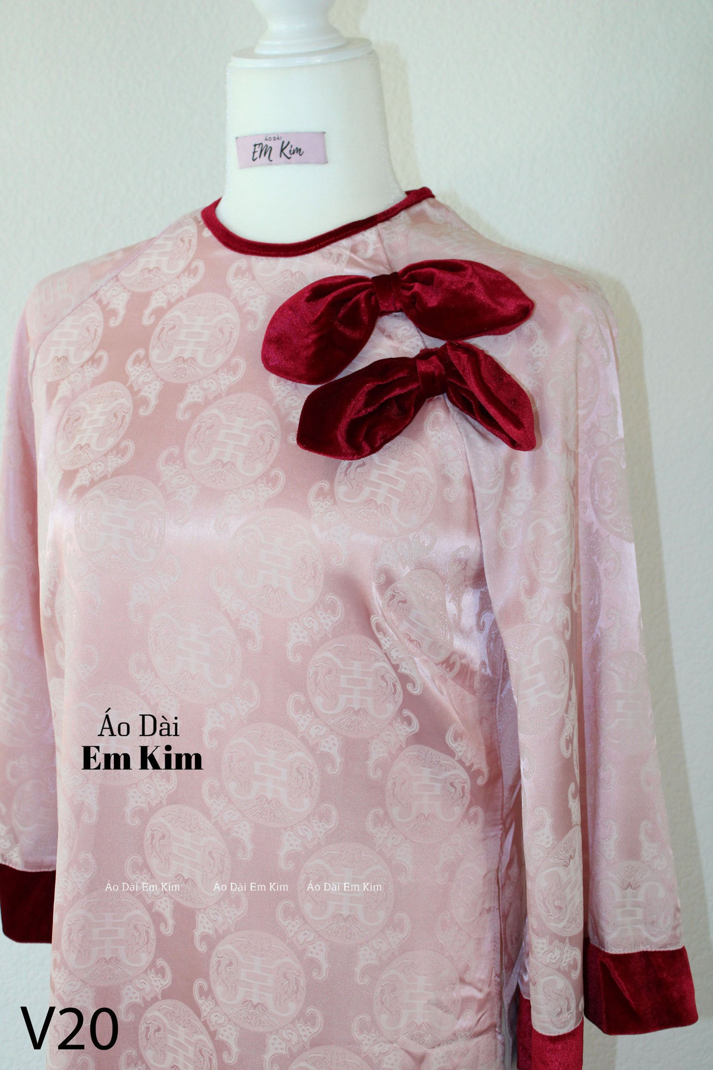 Pink and Red Gam Tho with Bow Ao Dai Set V20
