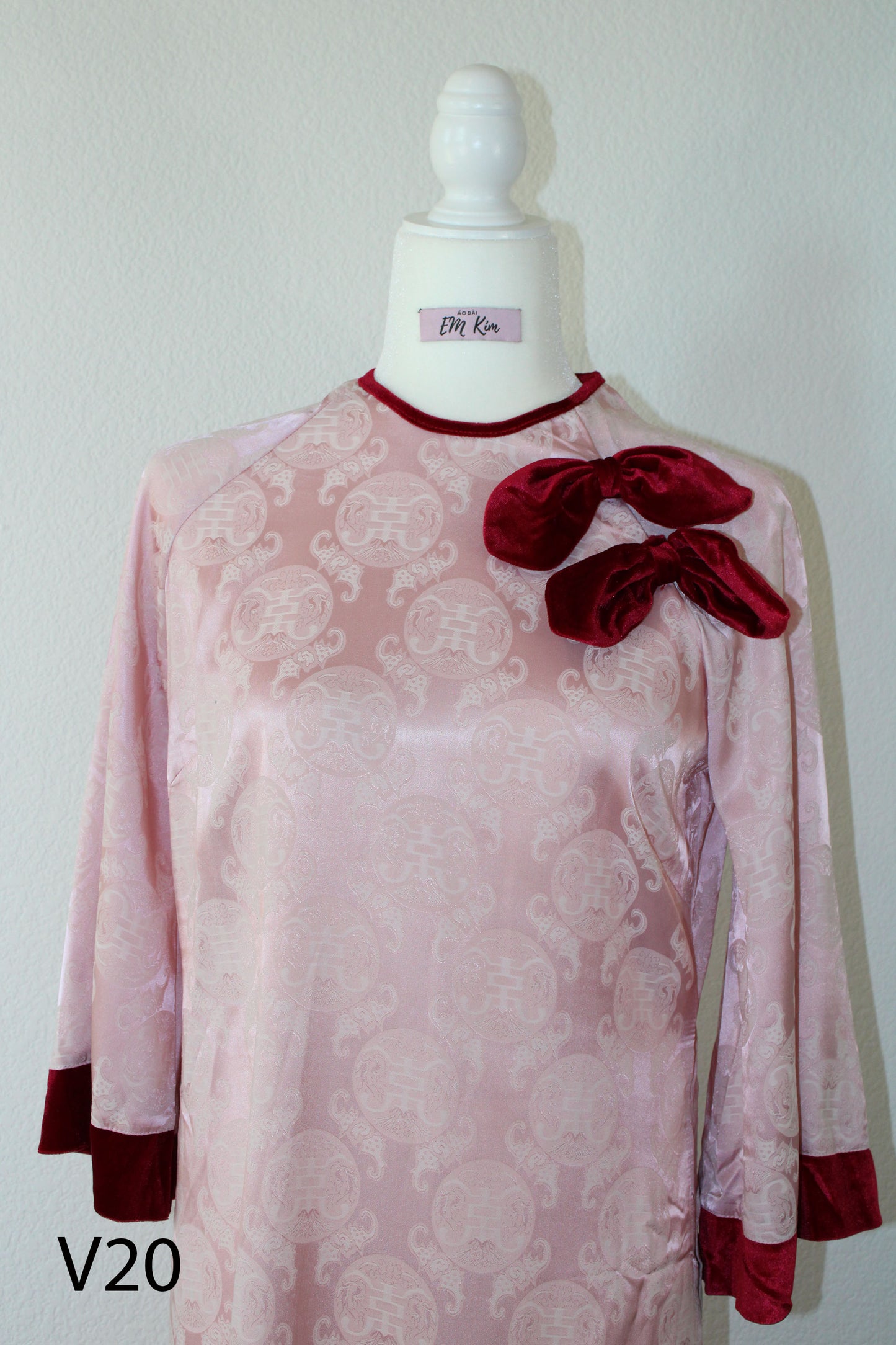 Pink and Red Gam Tho with Bow Ao Dai Set V20