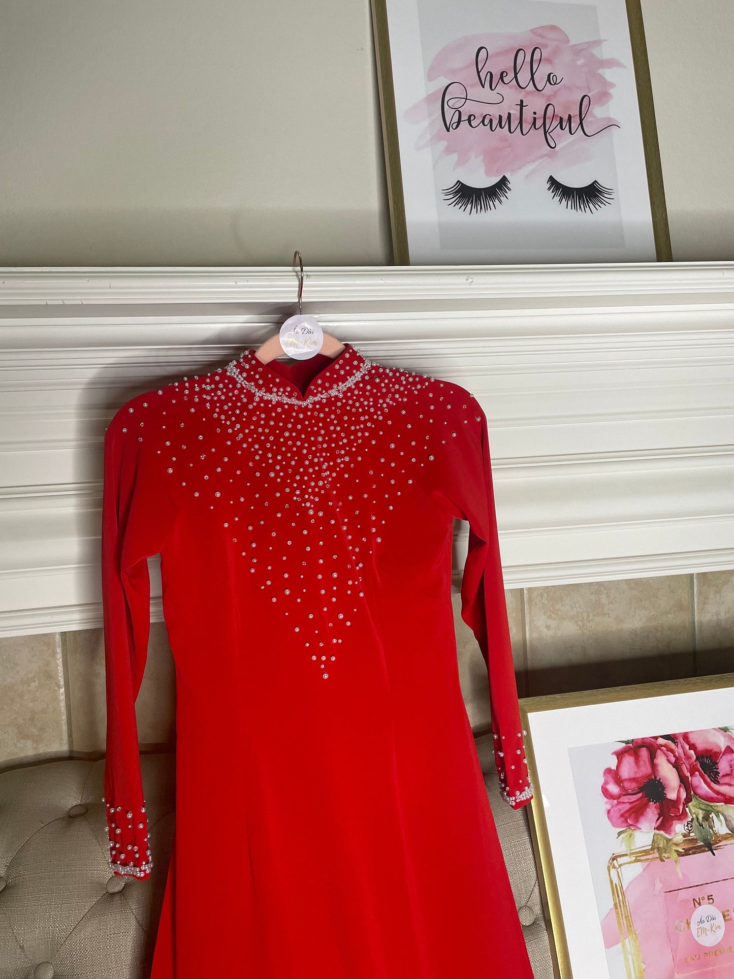 Luแบก Mแปน Ao Dai Red with pearls, Pre-made Traditional Vietnamese Ao Dai, Ao Dai women, Ap Dai Vietnam pants Ao Dai Truyen Thong with pant|D30
