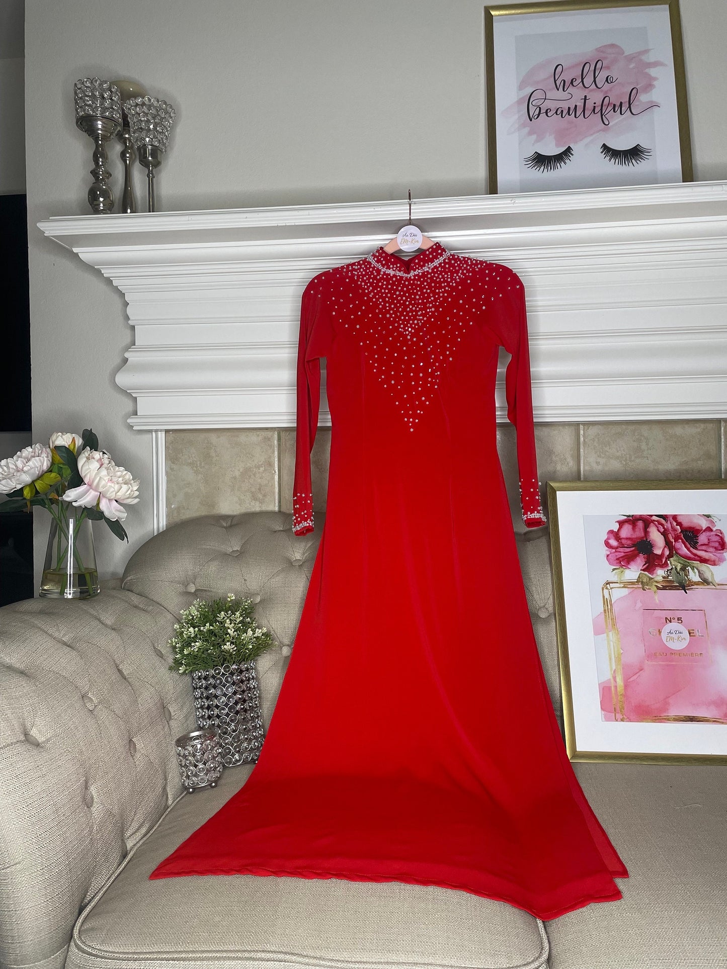 Luแบก Mแปน Ao Dai Red with pearls, Pre-made Traditional Vietnamese Ao Dai, Ao Dai women, Ap Dai Vietnam pants Ao Dai Truyen Thong with pant|D30