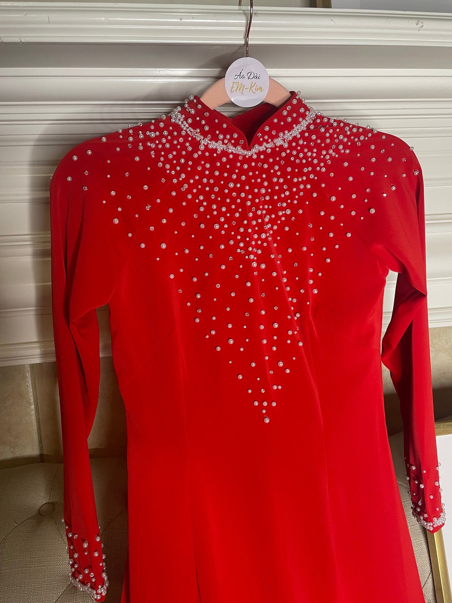 Luแบก Mแปน Ao Dai Red with pearls, Pre-made Traditional Vietnamese Ao Dai, Ao Dai women, Ap Dai Vietnam pants Ao Dai Truyen Thong with pant|D30