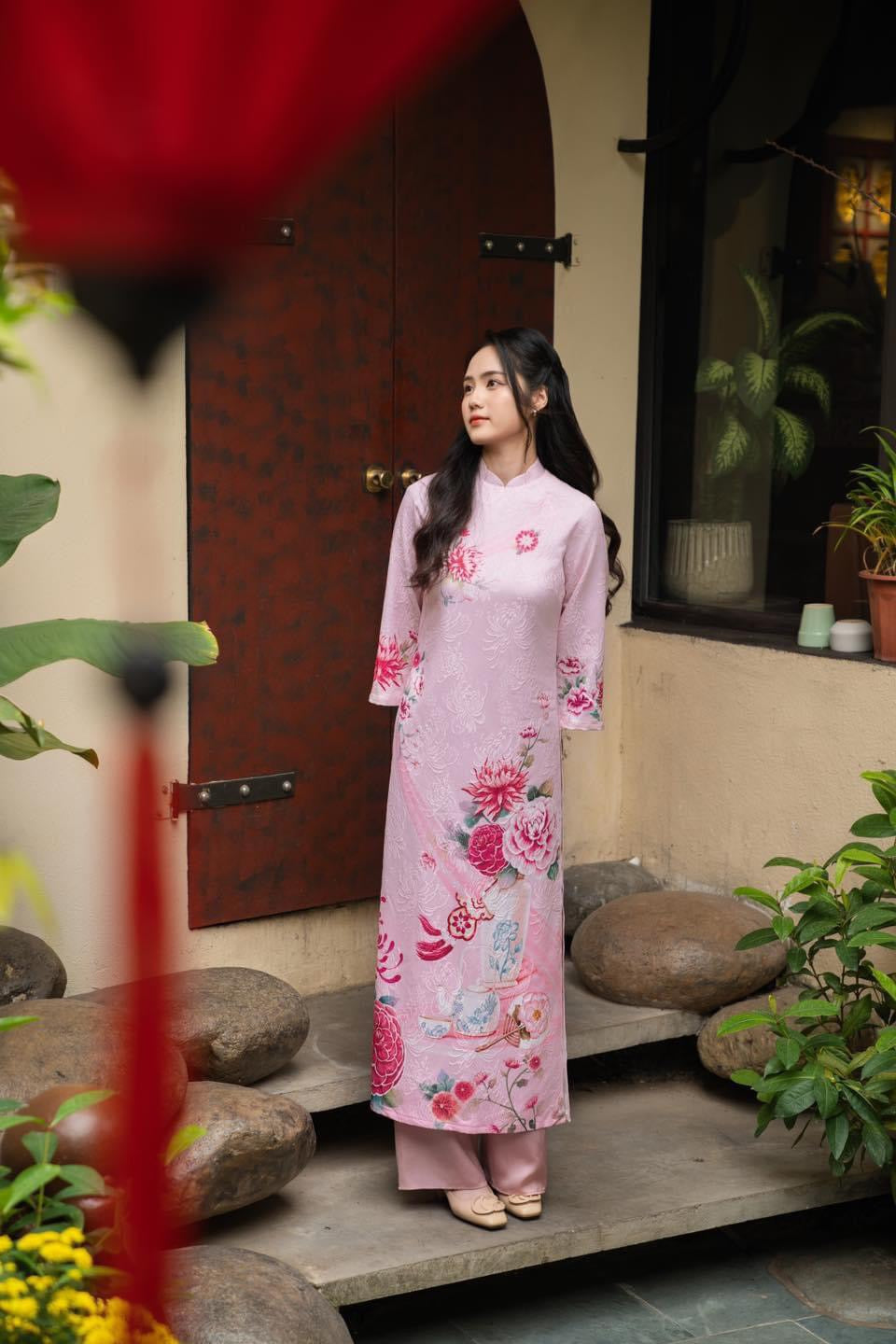 Ha Cuc Hong rua Primy flowers Ao Dai| Pre-made Vietnamese Dress for Lunar New Year Ao Dai Viet Nam|Ao Dai Cach Tan with Pants Q26