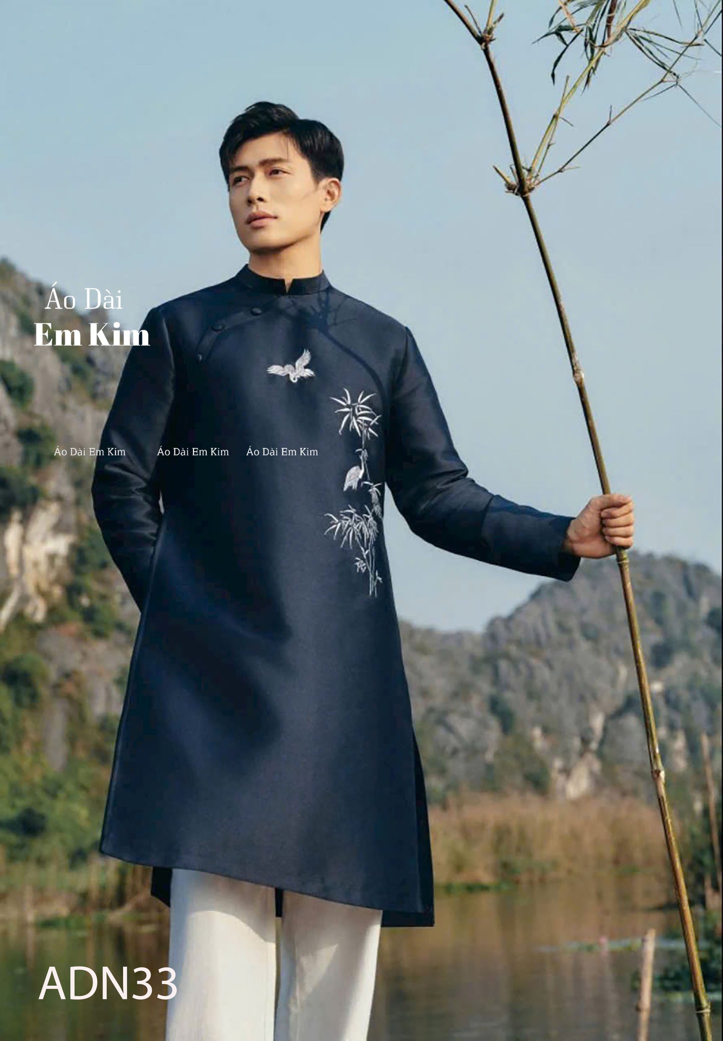 Dark Blue Embroidered Bird Ao Dai Men|  Embroidery Ao Dai for mens(No pants included) |Lunar New Year | Vietnamese traditional ADN33