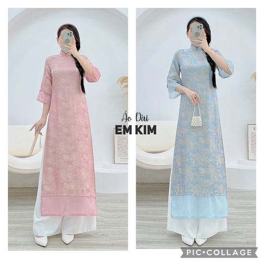 Pink/Blue Ao Dai  Modern design print silk M33