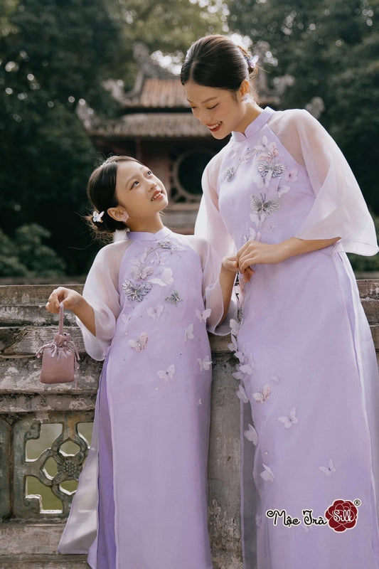 Purple Mommy and me matching ao dai set for women and girl| Ao Dai Me va Be modern silk organza| | Lunar New Year| MB49