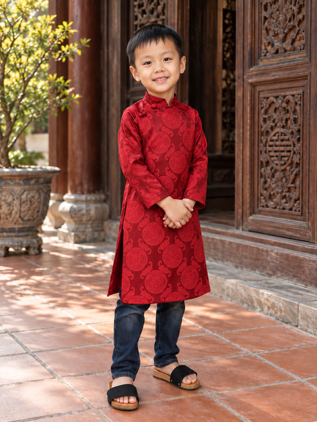 Red ao Dai gấm for boy Gd59D