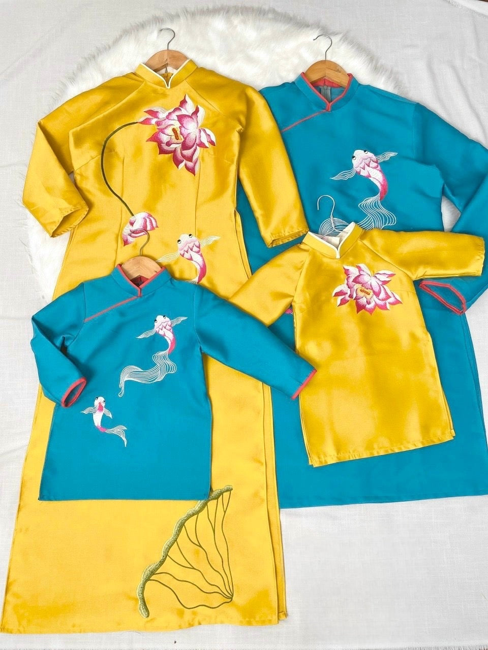 Family Lotus Embroidery matching Ao Dai, Ao Dai Vietnam, Kids, Ao Dai Lunar New Year, Ao Dai dress family, Girl Boy women Ao Dai Tet|GD03 ko