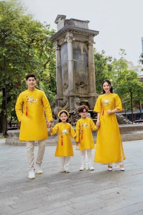 Family Yellow Embroidery modern matching Ao Dai, Pre-made Modernized Vietnamese Ao Dai, Ao Dai Lunar New Year/Matching Ao Dai Tet|GD20