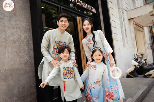 Family matching Ao Dai blue print silk, Ao Dai Vietnam, Ao Dai Lunar New Year for kids, Ao Dai dress family, Girl Boy women Ao Dai Tet|GD10