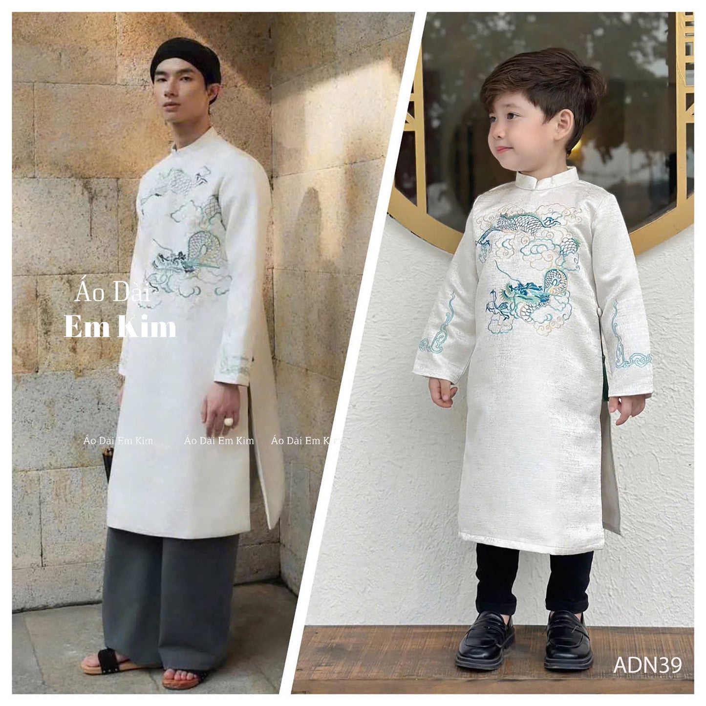 White Dragon  TH Embroidery Dad and Boy Ao dai  NO PANTS| Ao Dai Kids| Pre-made Traditional Vietnamese Ao Dai | Lunar New Year | Ao Dai for Boy |ADN39