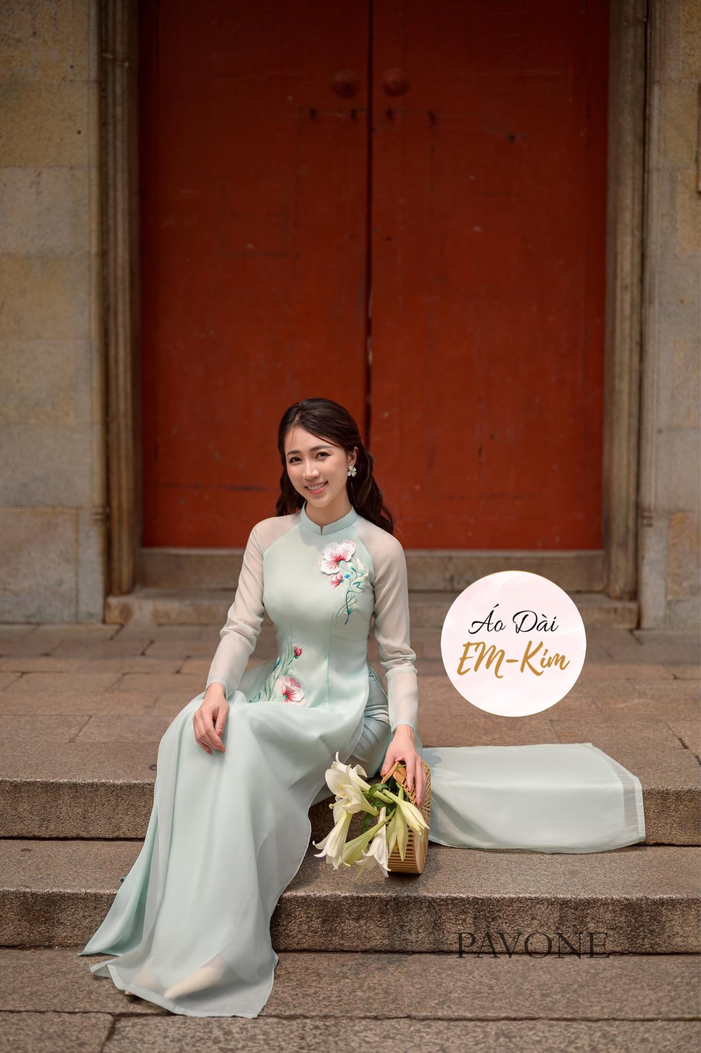 Mint embroidery flowers  modern Ao Dai M37