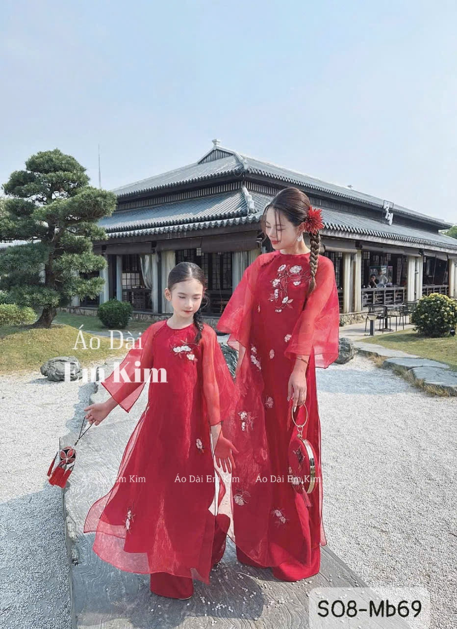 Ao dai Red embroidery Mommy and me matching| Ao Dai Me va Be modern silk organza| | Lunar New Year| T15