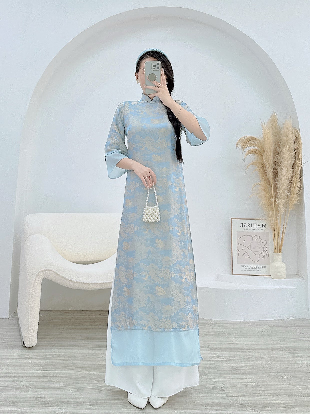 Pink/Blue Ao Dai  Modern design print silk P01