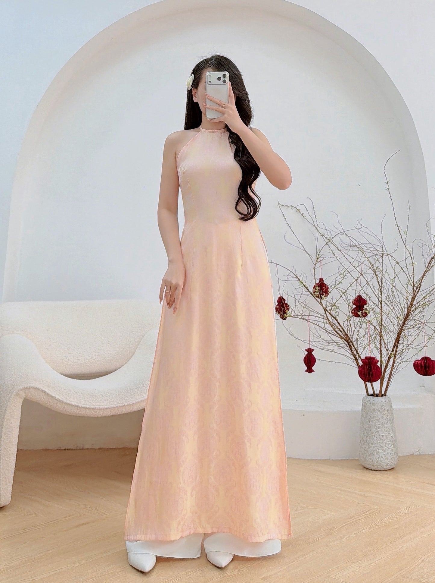 YẾM peach Gấm Áo Dài / Áo dài cách Tân / No Pants/ B51