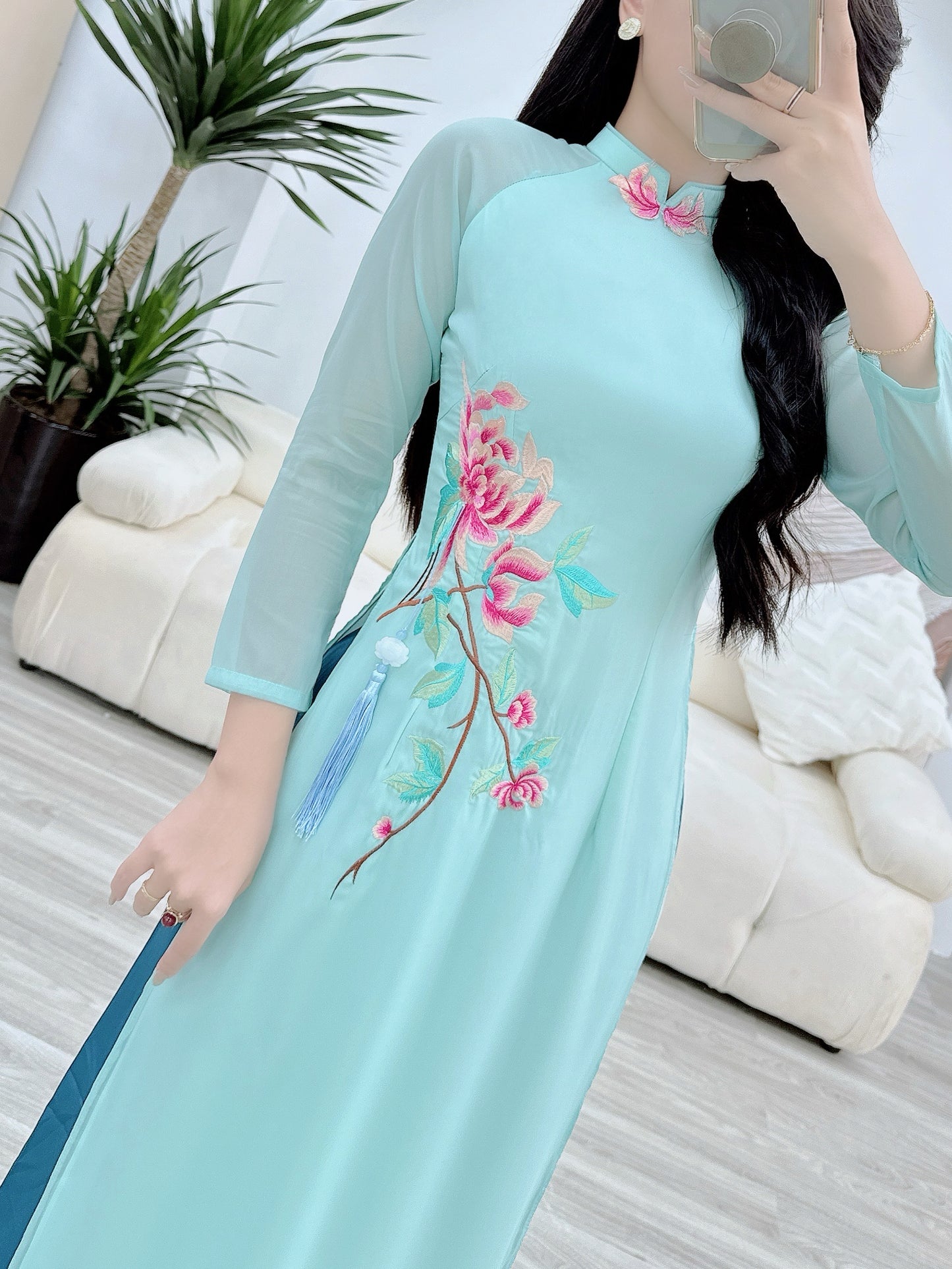 Blue Embroidery flowers silk double layers ao dai P03