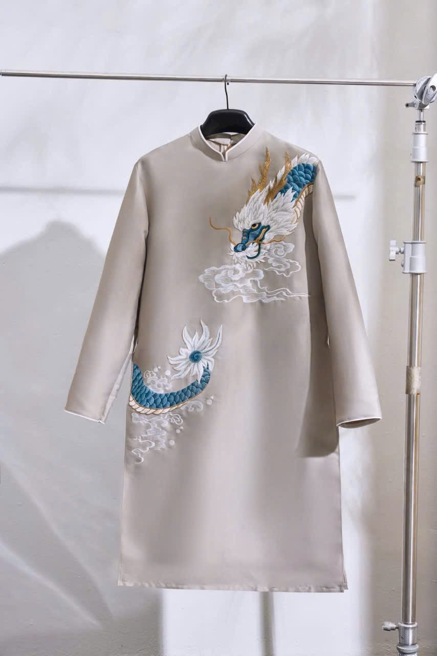 Gray dragon Ao Dai Men|  Embroidery Ao Dai for mens(No pants included) |Lunar New Year | Vietnamese traditional ADN42