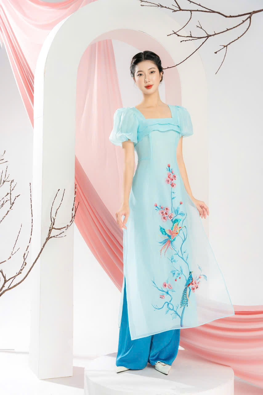 Blue Mommy and me matching ao dai set for women and girl| Ao Dai Me va Be modern silk organza| | Lunar New Year| MB55