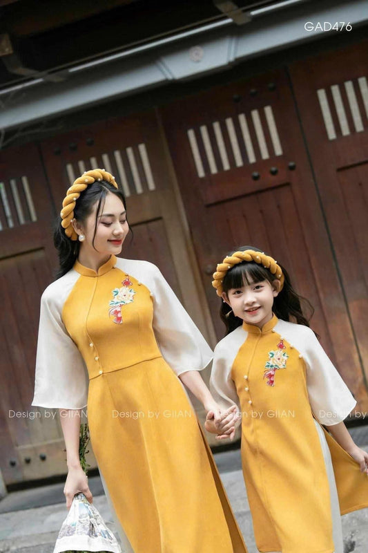 Mommy and Daughter Yellow pearl Ao Dai/Pre-made Modernized Vietnamese Ao Dai| Ao Dai for Lunar New Year/Matching Ao Dai Tet |MB21