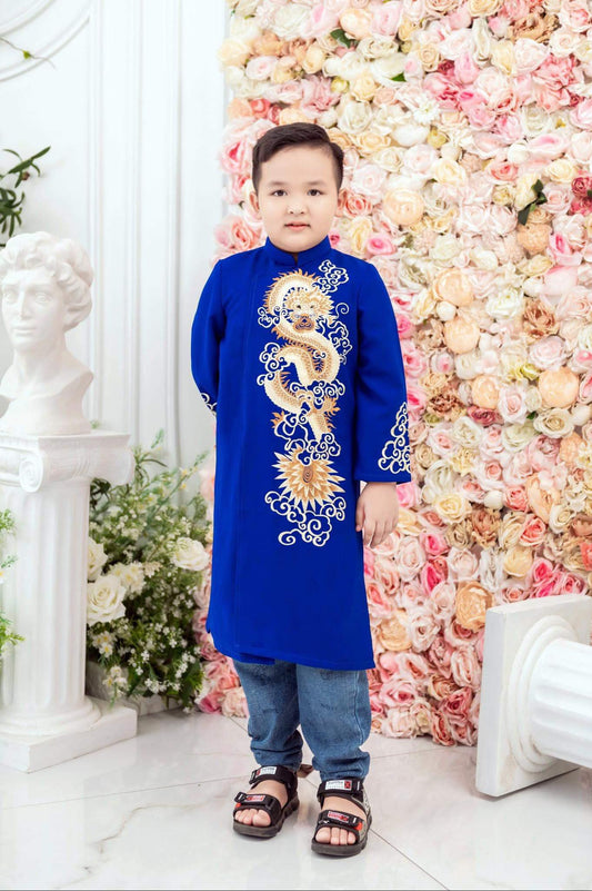 Blue dragon embroidery Ao Dai Boy ( No Pants)| Ao Dai Viet Nam | Blue boy vietnamese dress| Vietnamese traditional Dress| G22