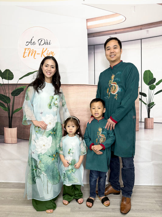 Green Lotus Family Matching Ao Dai, Pre-made Modernized Vietnamese Ao Dai, Ao Dai Lunar New Year/Matching Ao Dai Tet|GD55