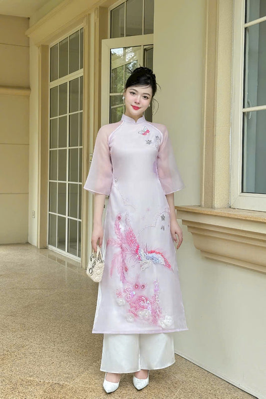 Pink silk đính kết cườm 3D flowers design Ao Dai P16